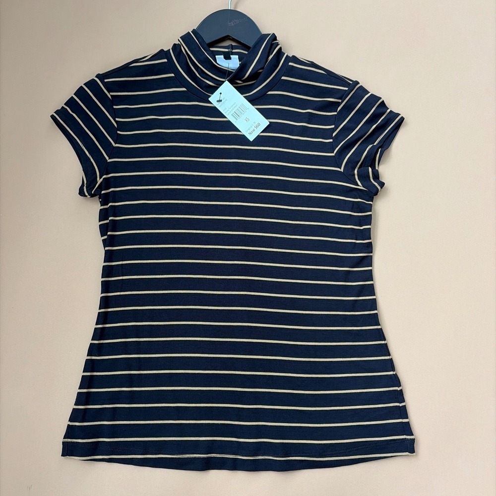 cabi Slinky Turtleneck 4202 Camel and Black Stripe Short Sleeve Top XS‎ New soft